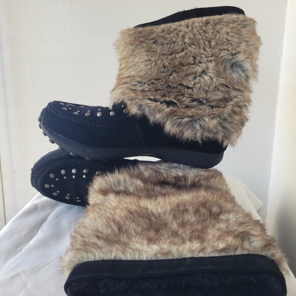 Bass Kodiak Women's 10 Medium Wedge Black Suede Leather Faux Fur Kneehigh Boots - Picture 11 of 12